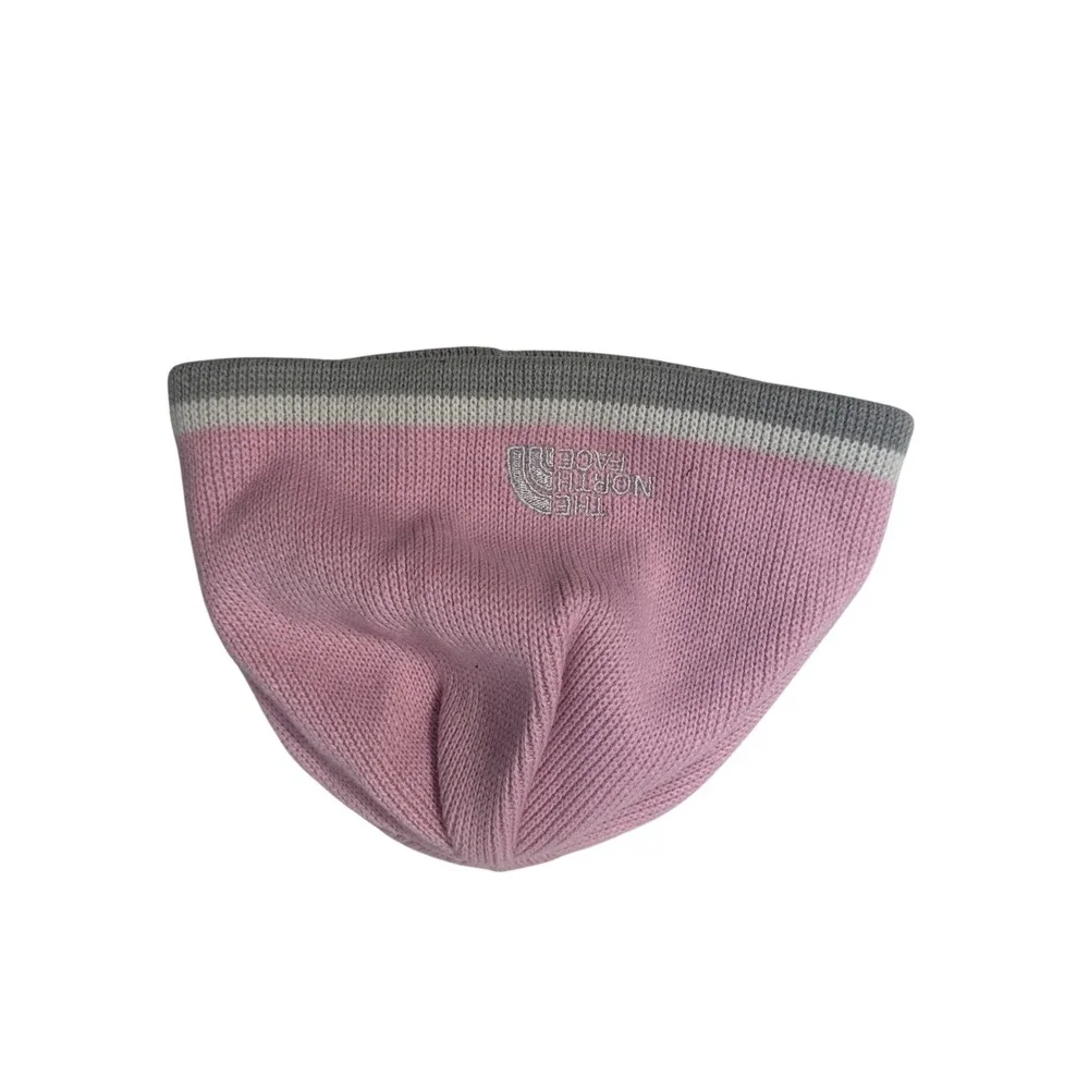 The North Face Beanie Girls One Size Pink Grey Stripe Knit Skull Cap Hat